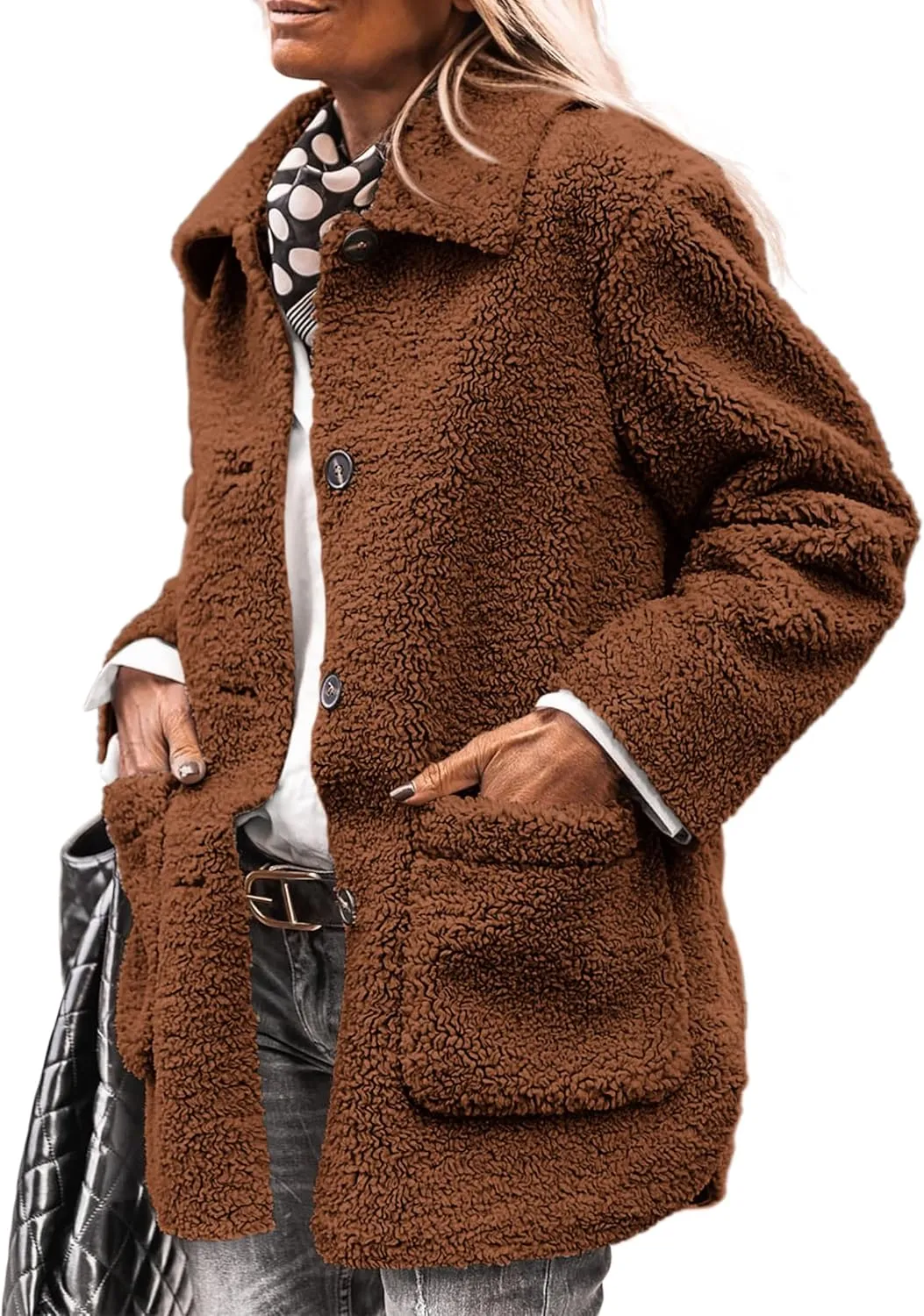 PRETTYGARDEN Women's Winter Faux Fur Coats Long Sleeve Lapel Button Down Pockets Fleece Sherpa Jacket Casual Trendy Outerwear