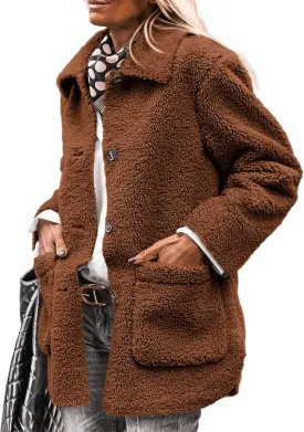 PRETTYGARDEN Women's Winter Faux Fur Coats Long Sleeve Lapel Button Down Pockets Fleece Sherpa Jacket Casual Trendy Outerwear