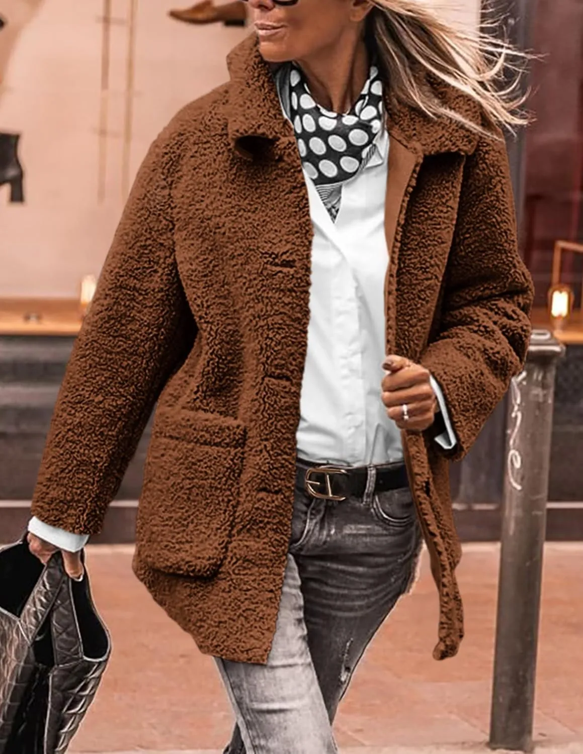 PRETTYGARDEN Women's Winter Faux Fur Coats Long Sleeve Lapel Button Down Pockets Fleece Sherpa Jacket Casual Trendy Outerwear