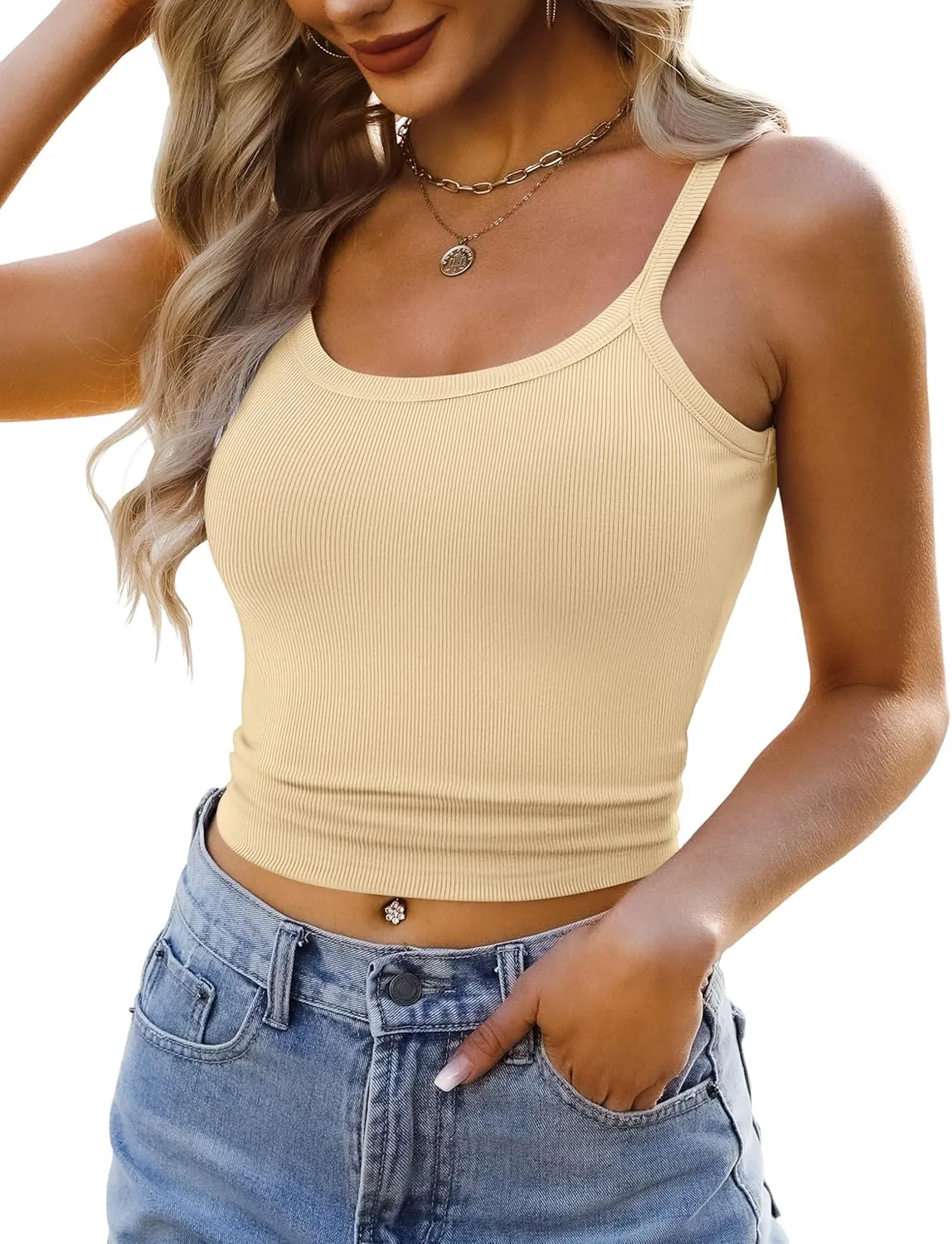 Ribbed Tank Tops for Women 2025 Spaghetti Strap Scoop Neck Slim Fitted Basic Sleeveless Casual Workout Cami Shirts