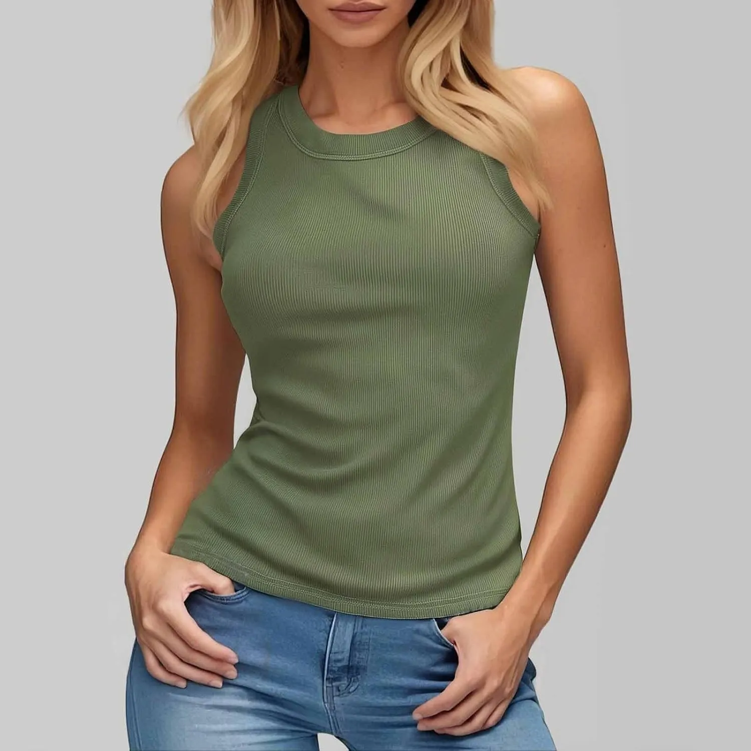 Ribbed Tank Tops for Women Built in Bra High Neck Racerback Shelf Bra Summer Cami Yoga Shirts Sleeveless Undershirt