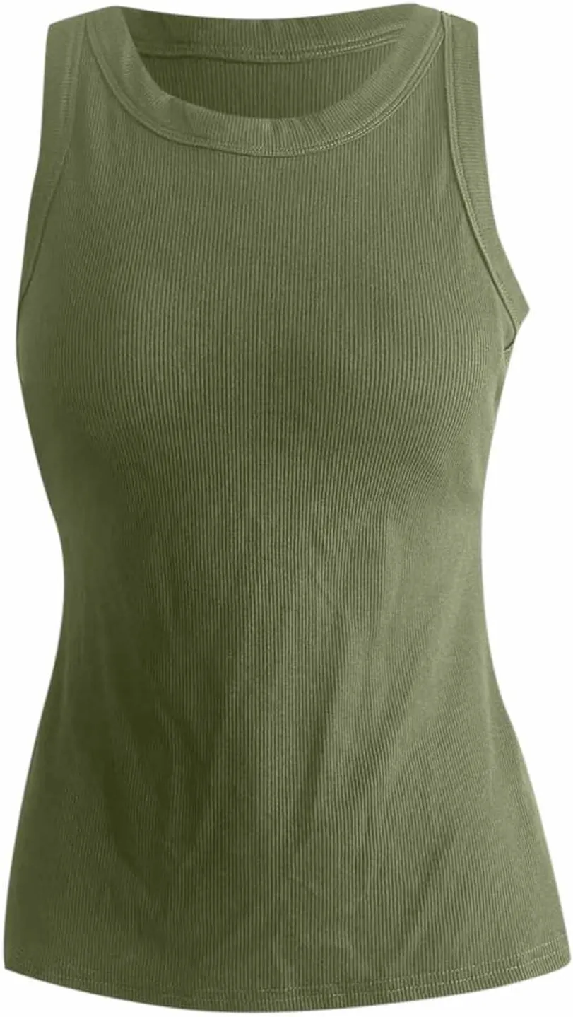 Ribbed Tank Tops for Women Built in Bra High Neck Racerback Shelf Bra Summer Cami Yoga Shirts Sleeveless Undershirt