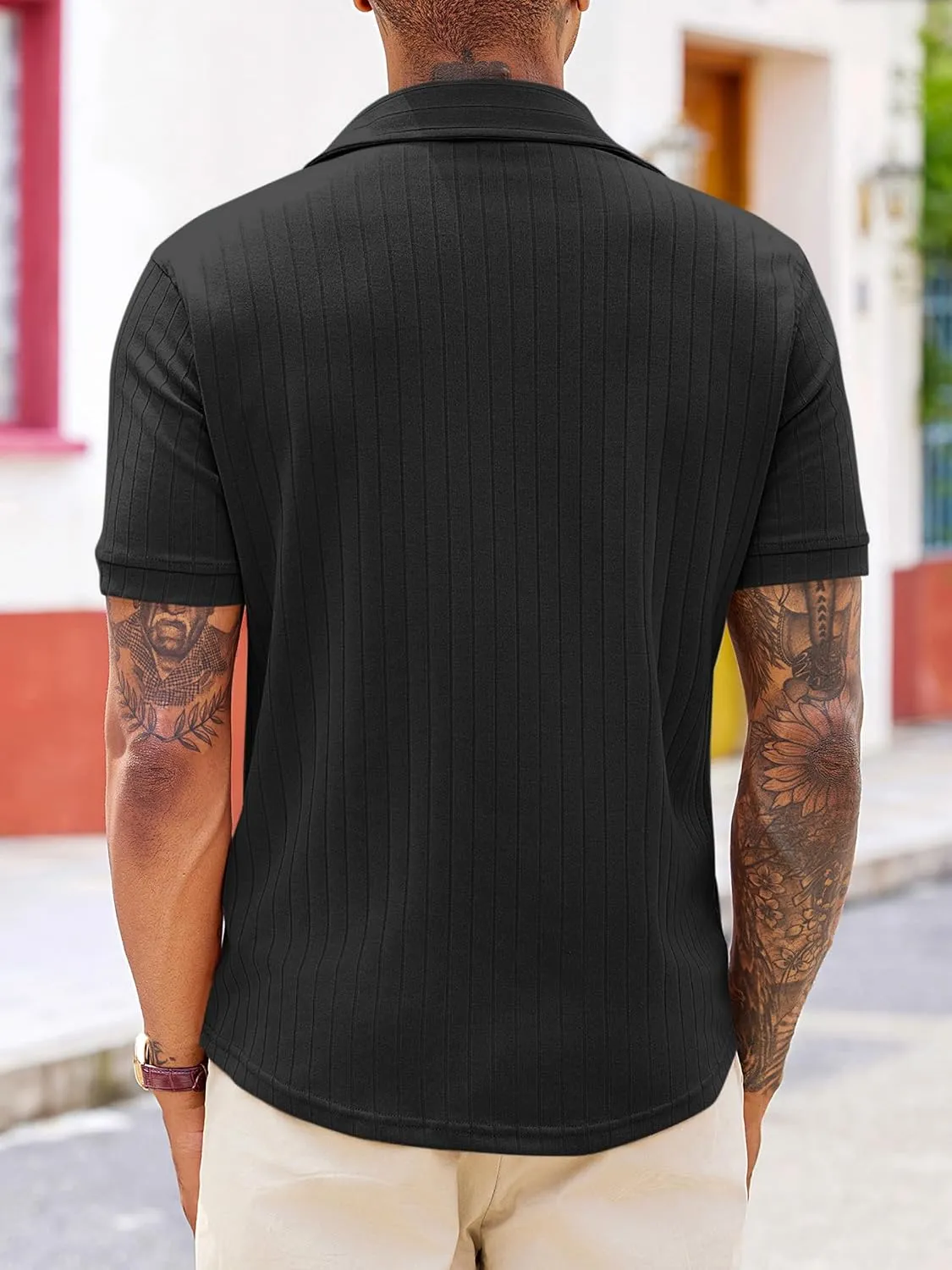 Runcati Mens Knit Button Down Shirts Short Sleeve Polo Shirt Vintage Summer Casual Beach Ribbed Textured Tops
