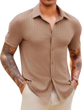Runcati Mens Knit Button Down Shirts Short Sleeve Polo Shirt Vintage Summer Casual Beach Ribbed Textured Tops