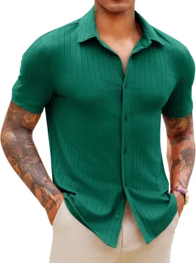 Runcati Mens Knit Button Down Shirts Short Sleeve Polo Shirt Vintage Summer Casual Beach Ribbed Textured Tops