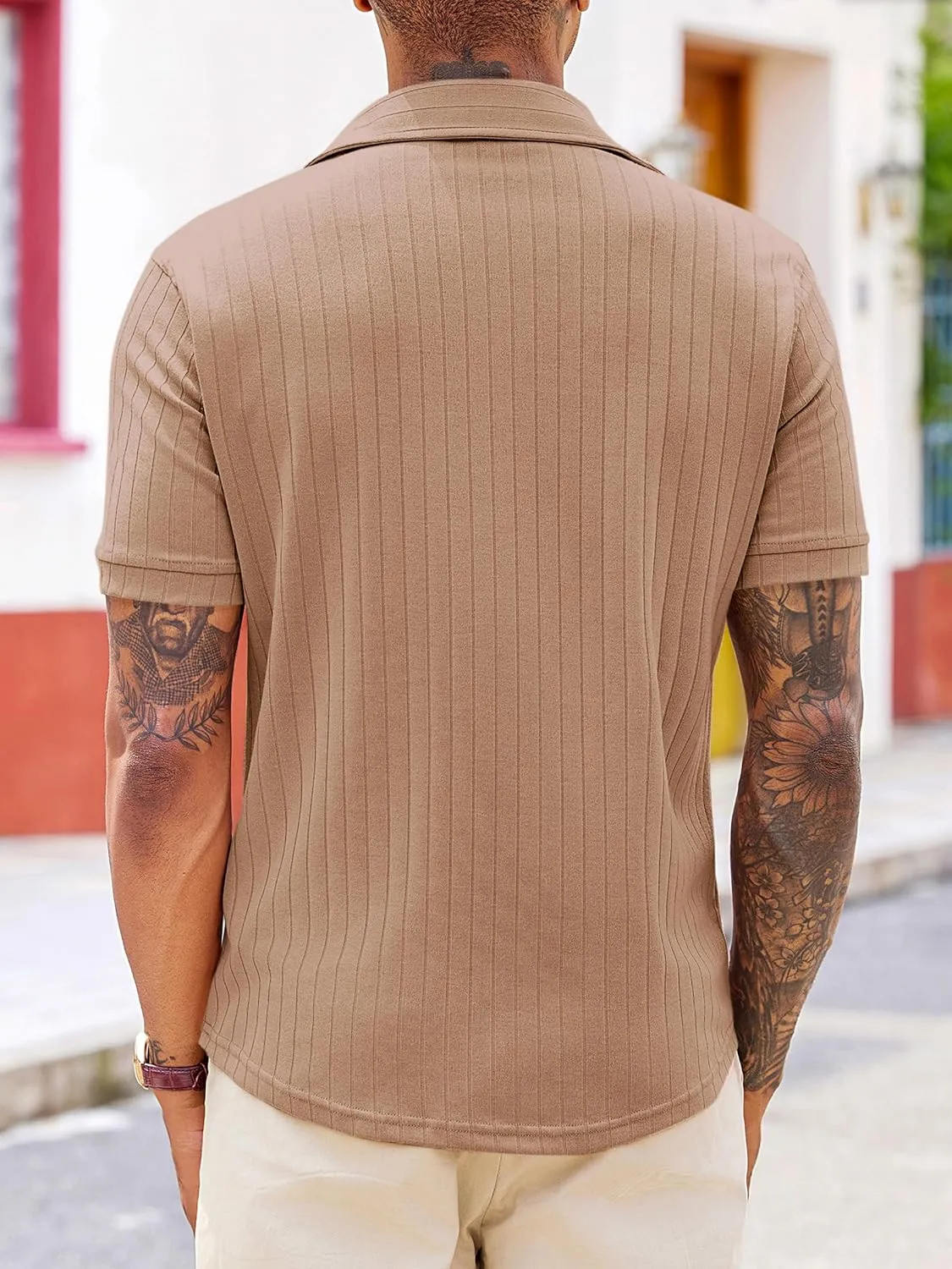 Runcati Mens Knit Button Down Shirts Short Sleeve Polo Shirt Vintage Summer Casual Beach Ribbed Textured Tops