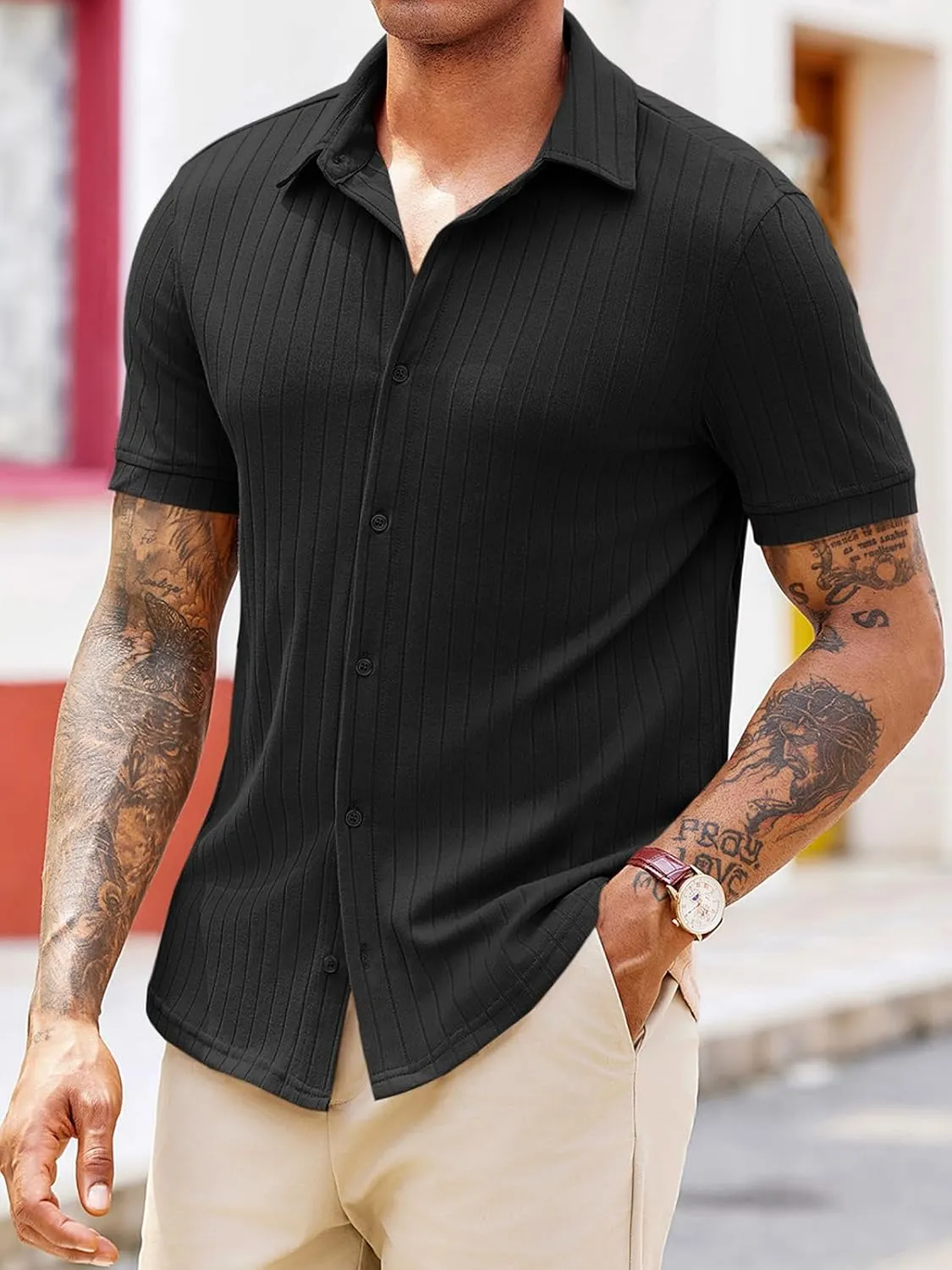 Runcati Mens Knit Button Down Shirts Short Sleeve Polo Shirt Vintage Summer Casual Beach Ribbed Textured Tops