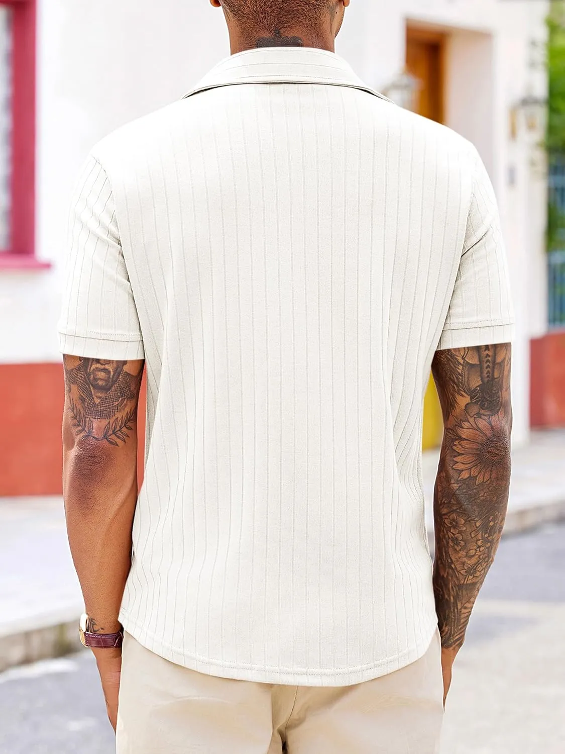 Runcati Mens Knit Button Down Shirts Short Sleeve Polo Shirt Vintage Summer Casual Beach Ribbed Textured Tops