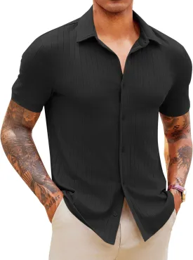 Runcati Mens Knit Button Down Shirts Short Sleeve Polo Shirt Vintage Summer Casual Beach Ribbed Textured Tops