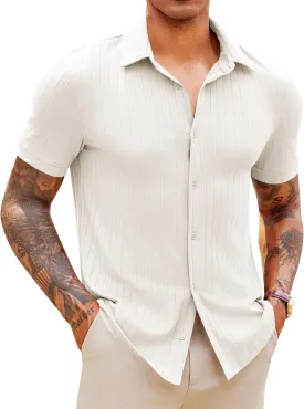 Runcati Mens Knit Button Down Shirts Short Sleeve Polo Shirt Vintage Summer Casual Beach Ribbed Textured Tops