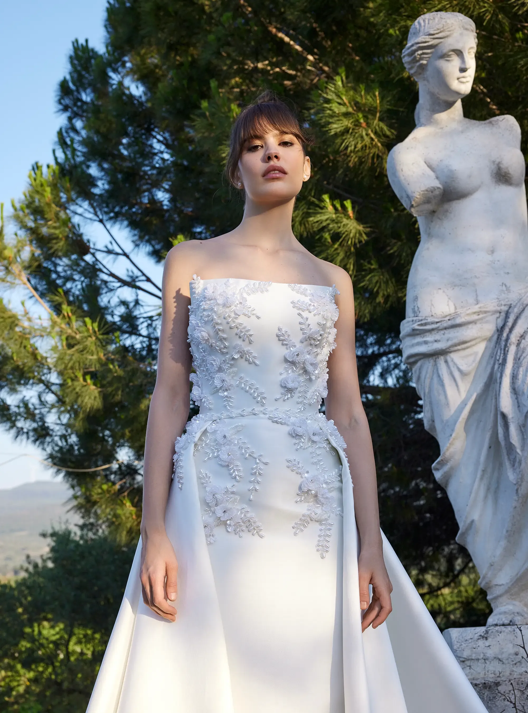 Satin Bridal Gown Mermaid Style Dress with Florals and Detachable Skirt