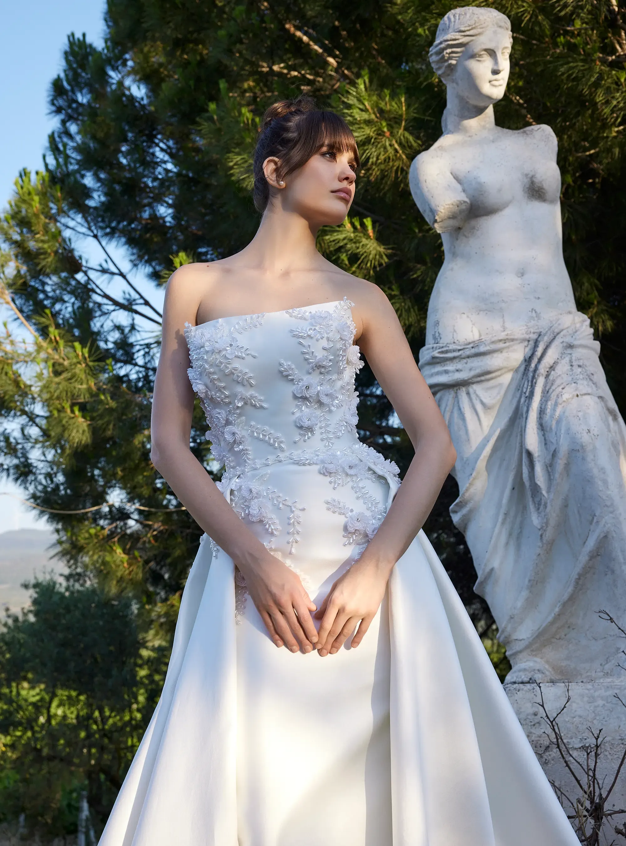Satin Bridal Gown Mermaid Style Dress with Florals and Detachable Skirt