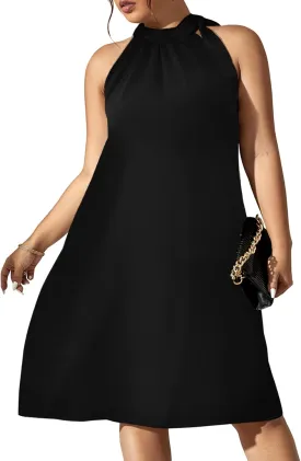 SCOMCHIC Plus Size Women's Halter Neck Sleeveless Midi Dress Summer Casual Loose Tank Top Beach Sundress