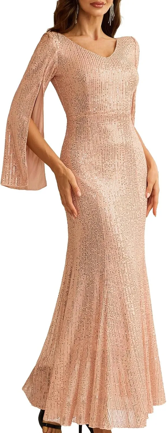 Sequin Cocktail Formal Dresses for Women,Weddings Guest Evening Party Gowns Slim Midi Fishtail Dress