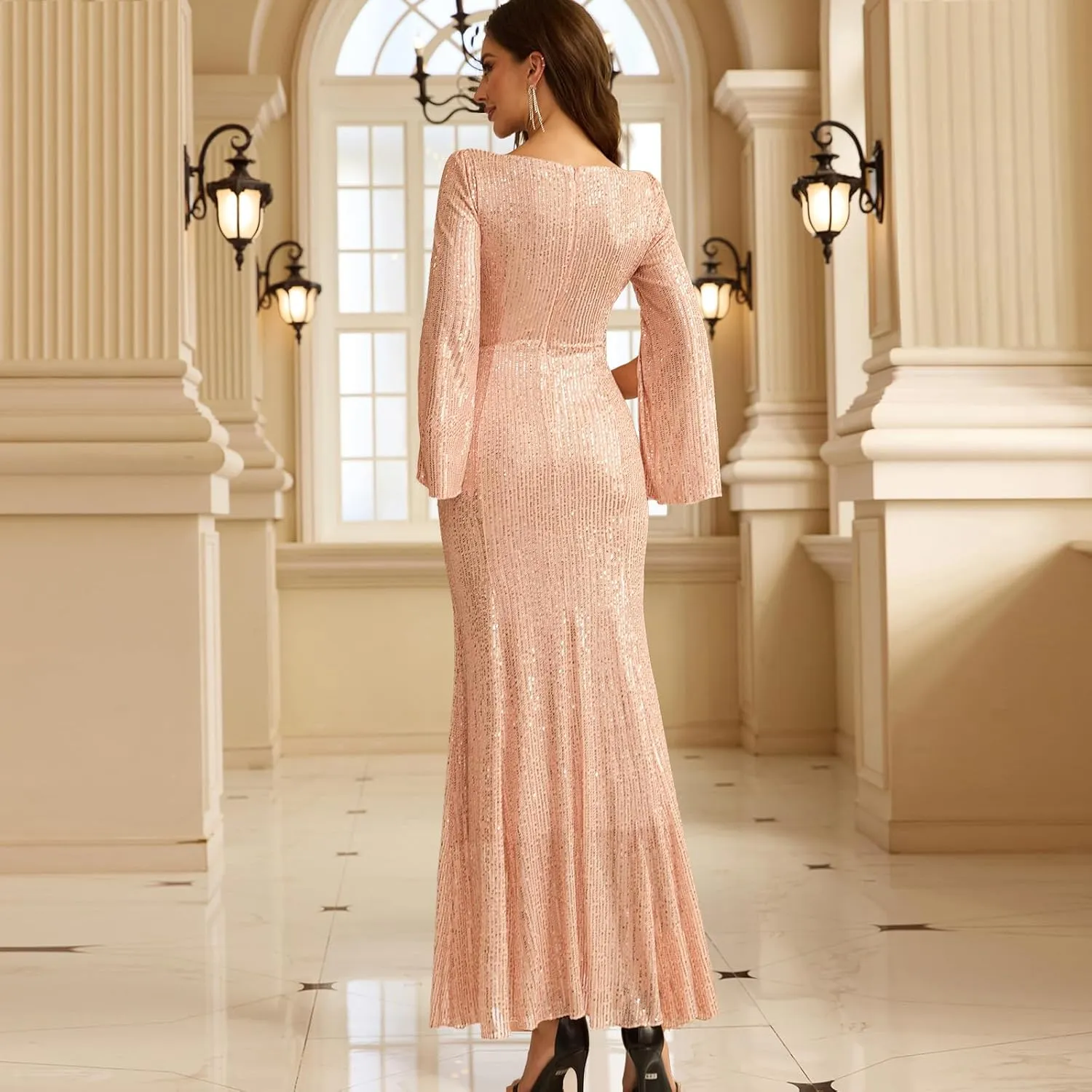 Sequin Cocktail Formal Dresses for Women,Weddings Guest Evening Party Gowns Slim Midi Fishtail Dress