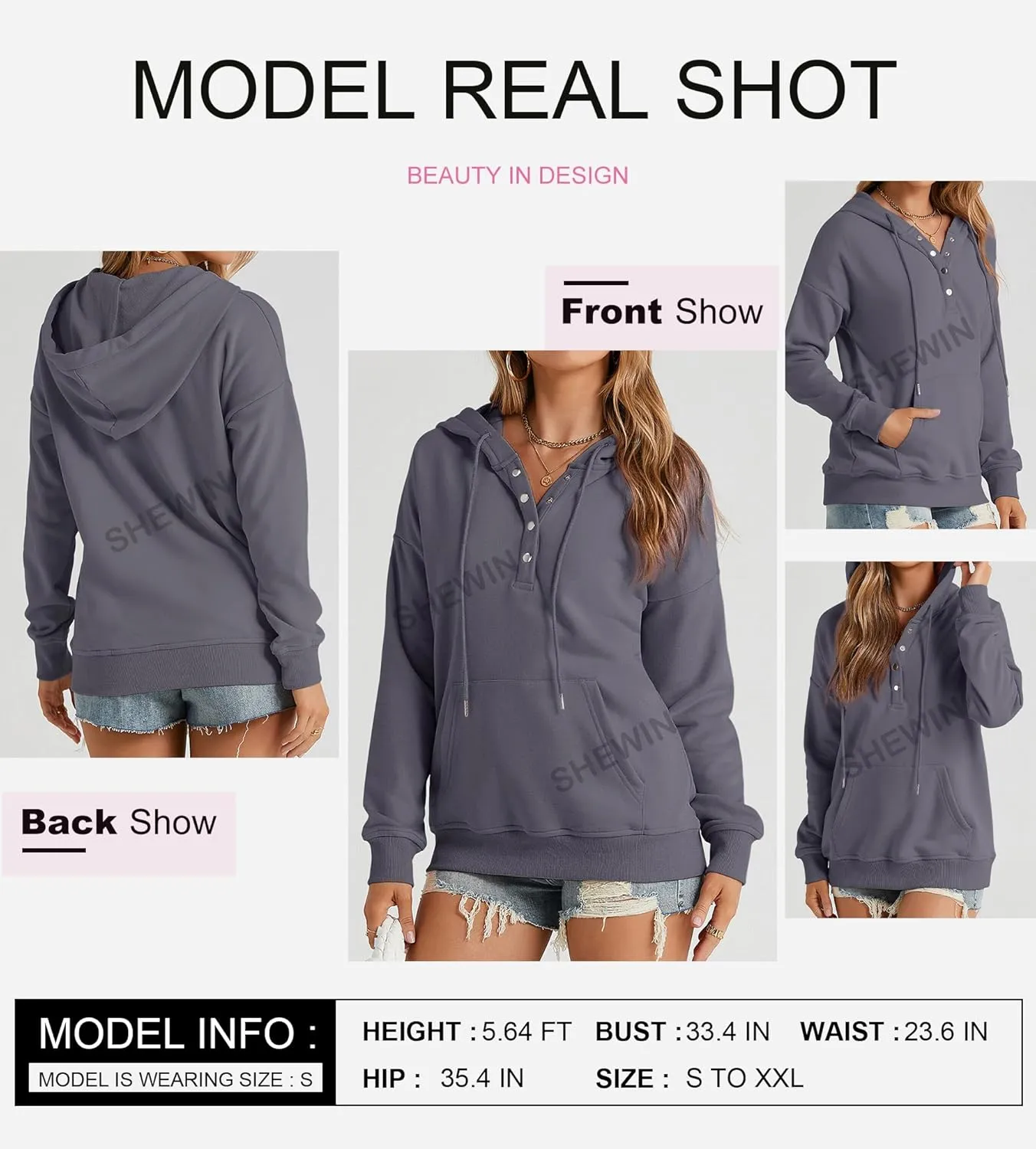 SHEWIN Women's Casual Hoodies Long Sleeve Solid Lightweight Pullover Tops Loose Sweatshirt with Pocket