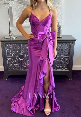 Spaghetti Straps Sleeveless Pleated Evening Gowns V-Neck Sweep Train Mermaid Prom Dress with Bow