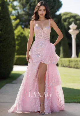 Spaghetti Straps V-Neck Sleeveless A-Line Prom Dress Beaded Sequined Lace Applique Formal Gowns