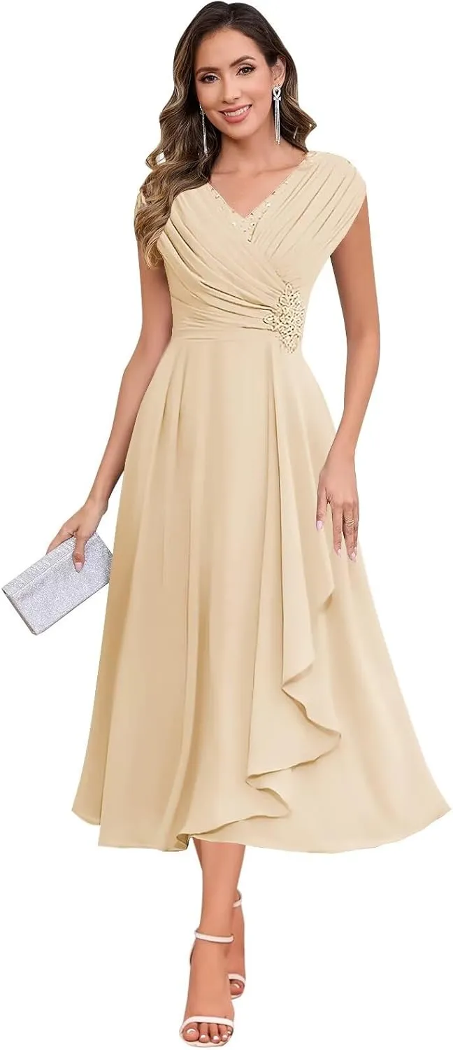 Sparkly Floral Mother of The Bride Dresses for Women Chiffon Ruffled Cap Sleeve Short Formal Wedding Guest Dress