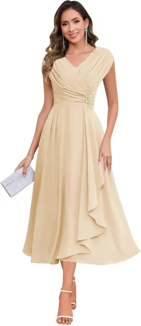 Sparkly Floral Mother of The Bride Dresses for Women Chiffon Ruffled Cap Sleeve Short Formal Wedding Guest Dress