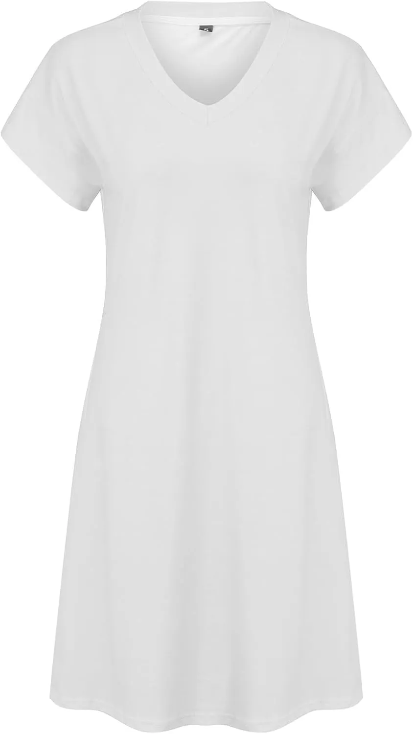 Summer Beach Dresses for Women V Neck Short Sleeve Flowy Knee Length Tshirt Dress Casual Loose Sundress