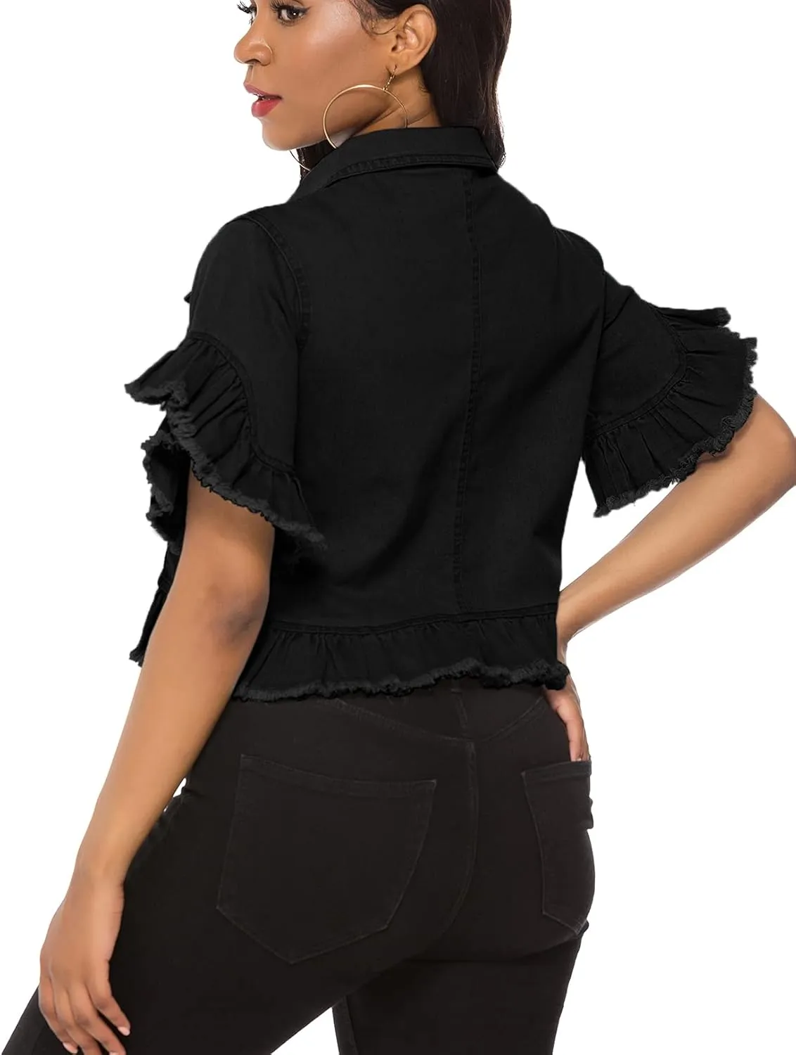 Suvimuga Women's Denim Jacket Button Down Distressed Ruffle Sleeve Crop Jean Jackets Coat