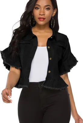 Suvimuga Women's Denim Jacket Button Down Distressed Ruffle Sleeve Crop Jean Jackets Coat