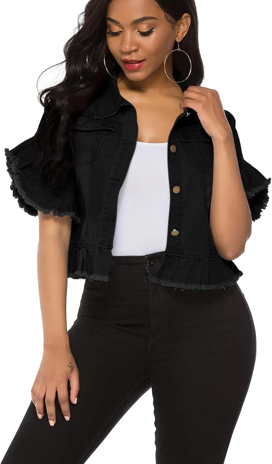Suvimuga Women's Denim Jacket Button Down Distressed Ruffle Sleeve Crop Jean Jackets Coat