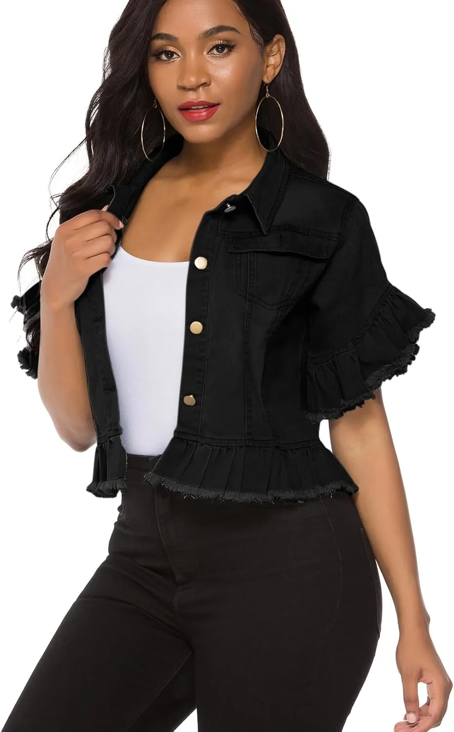 Suvimuga Women's Denim Jacket Button Down Distressed Ruffle Sleeve Crop Jean Jackets Coat