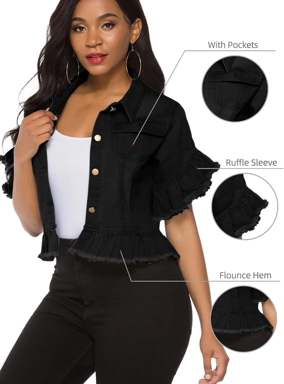 Suvimuga Women's Denim Jacket Button Down Distressed Ruffle Sleeve Crop Jean Jackets Coat