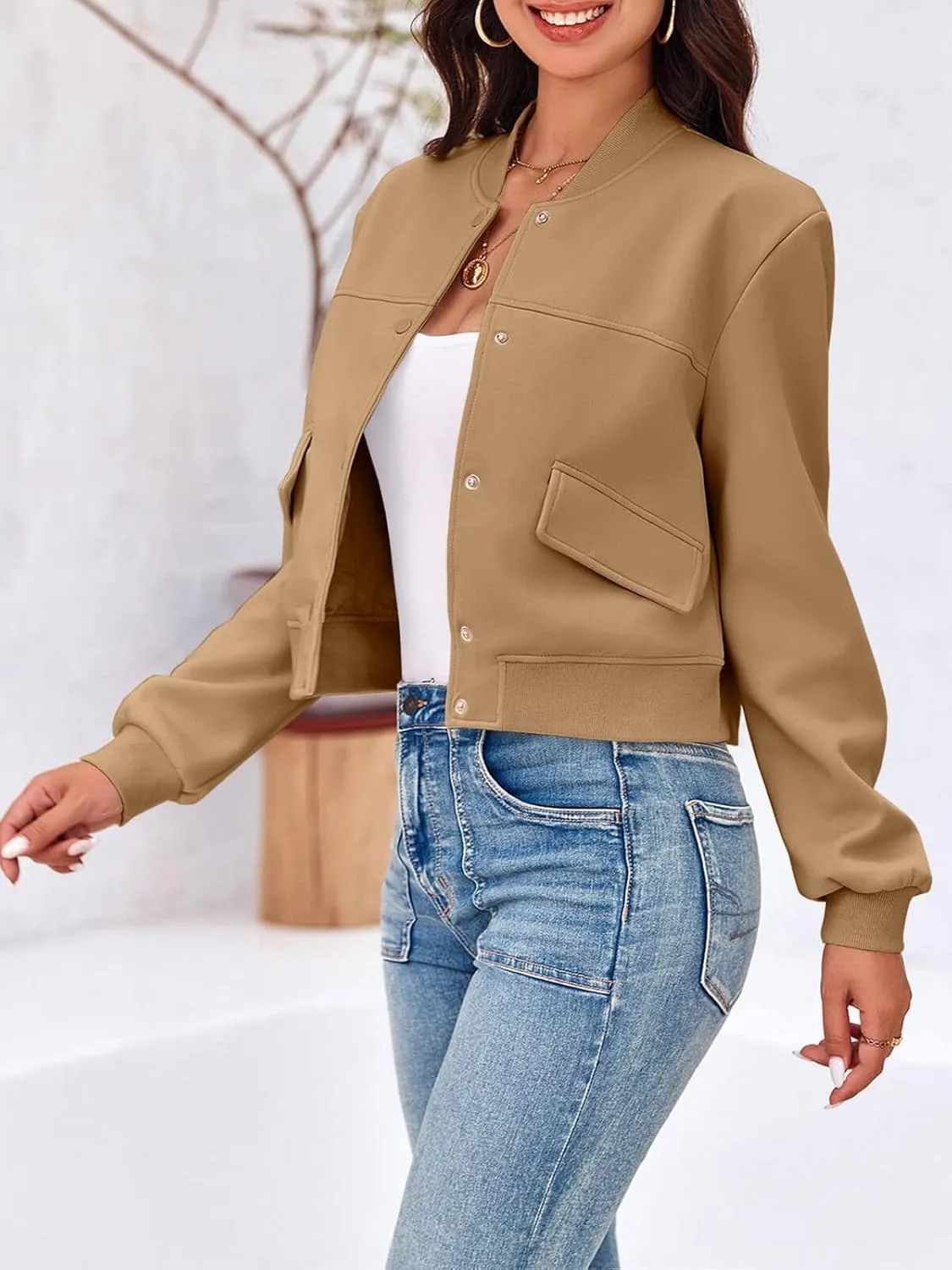 Tankaneo Womens Cropped Bomber Jackets Casual Button Down Long Sleeve Stand Collar Varsity Shacket Coats