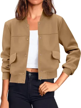 Tankaneo Womens Cropped Bomber Jackets Casual Button Down Long Sleeve Stand Collar Varsity Shacket Coats