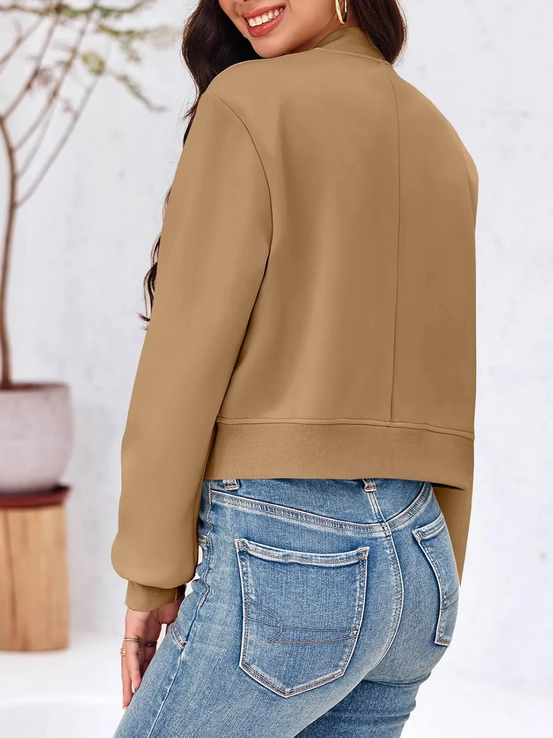 Tankaneo Womens Cropped Bomber Jackets Casual Button Down Long Sleeve Stand Collar Varsity Shacket Coats