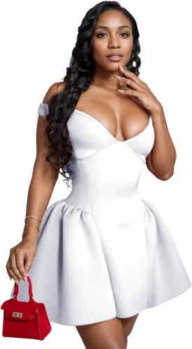 Tbahhir Women Sleeveless Mini Dresses Off Shoulder Spaghetti Strap Dress with Ruffle Bubble Hem Backless Cocktail A-Line