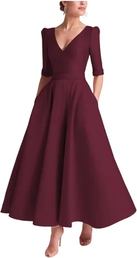 Tea Length Prom Dresses for Women Satin Elegant Formal Evening Gown A Line Wedding Guest Dress with Sleeves