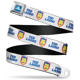 TED LASSO Title Logo Full Color Blue/White Seatbelt Belt - TED LASSO Icon and Text White/Blue/Red/Yellow Webbing