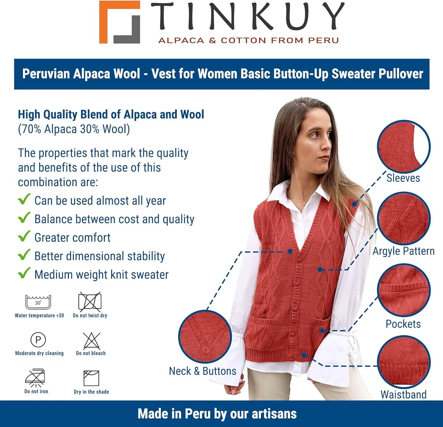TINKUY Peru Womens Alpaca Wool V Neck Argyle Cardigan Vest S-4XL