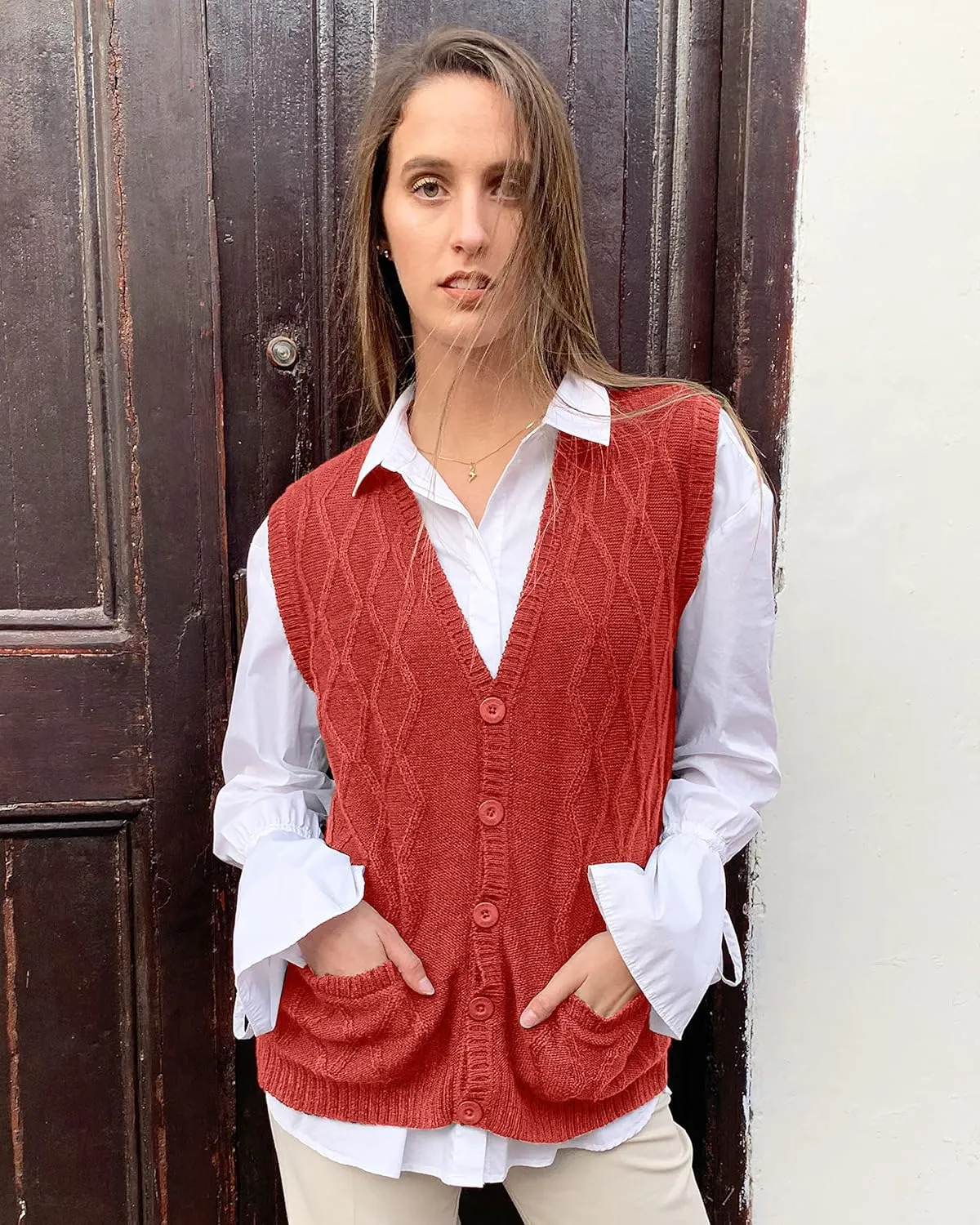 TINKUY Peru Womens Alpaca Wool V Neck Argyle Cardigan Vest S-4XL
