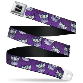 TRANSFORMERS Title Logo Full Color Black/White Seatbelt Belt - Transformers Decepticons Icon Scattered Grids Purples Webbing