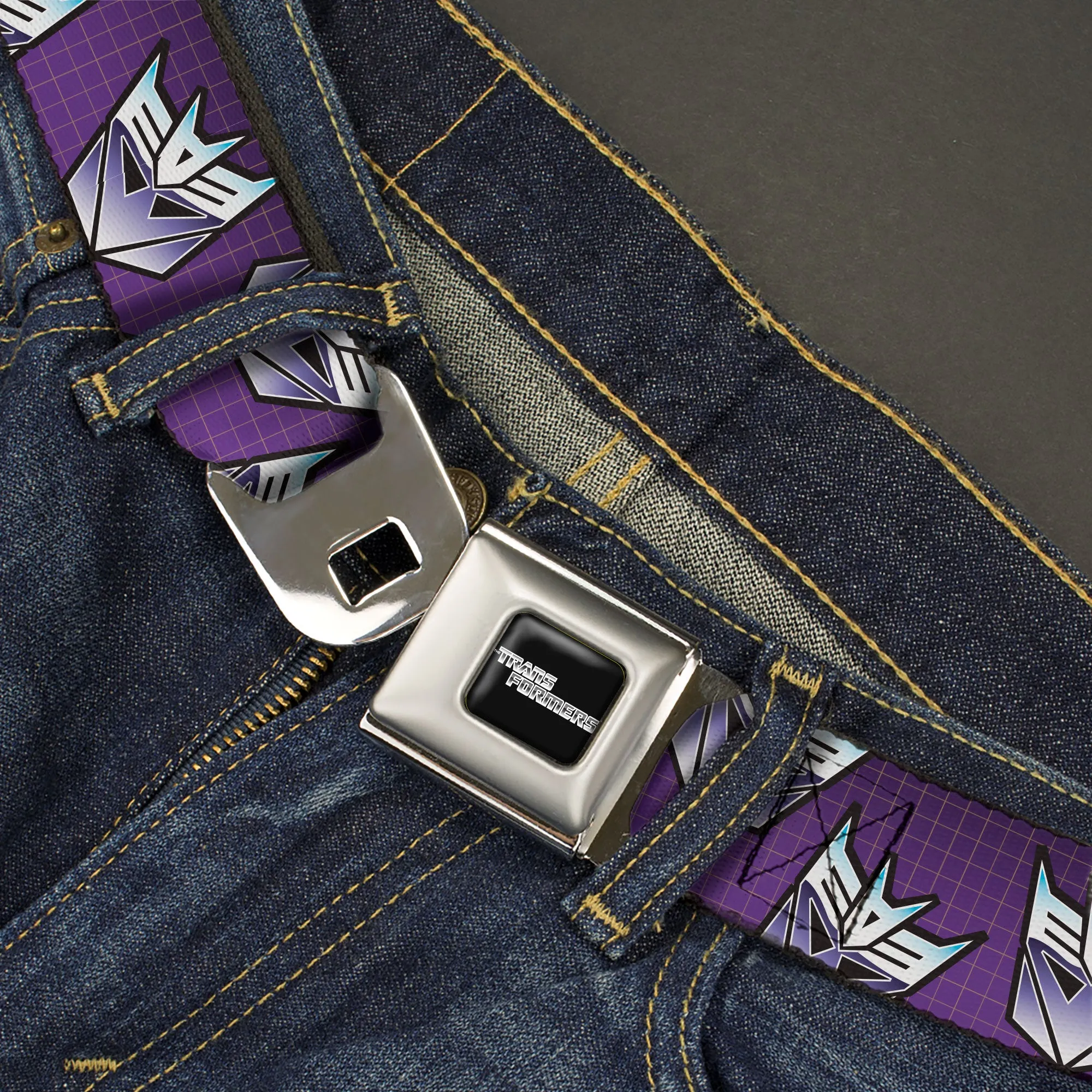 TRANSFORMERS Title Logo Full Color Black/White Seatbelt Belt - Transformers Decepticons Icon Scattered Grids Purples Webbing