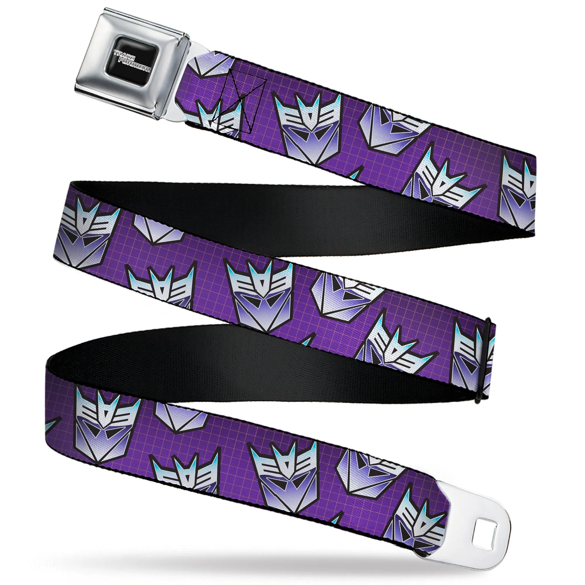 TRANSFORMERS Title Logo Full Color Black/White Seatbelt Belt - Transformers Decepticons Icon Scattered Grids Purples Webbing