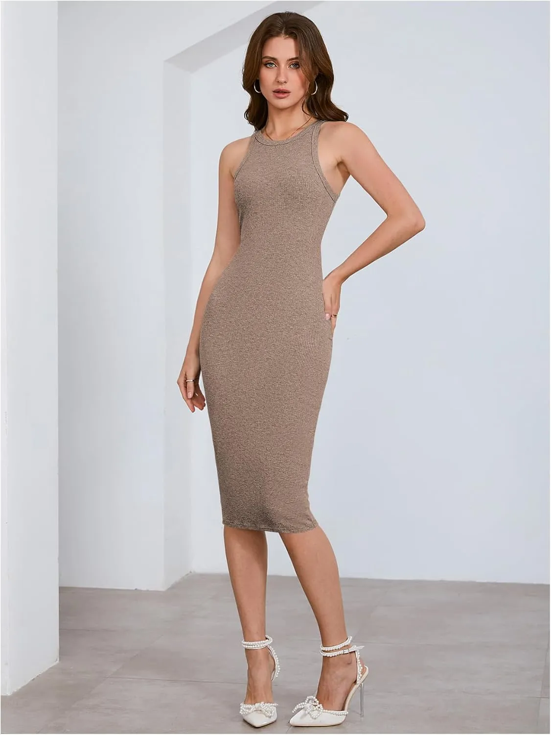 Verdusa Women's Fall Dress Sleeveless Ribbed Knit Midi Tank Dress Wedding Guest Dress Sweater Dresses