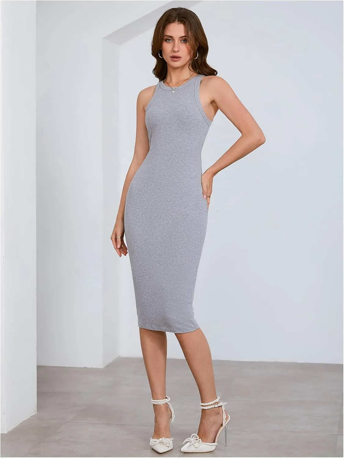 Verdusa Women's Fall Dress Sleeveless Ribbed Knit Midi Tank Dress Wedding Guest Dress Sweater Dresses