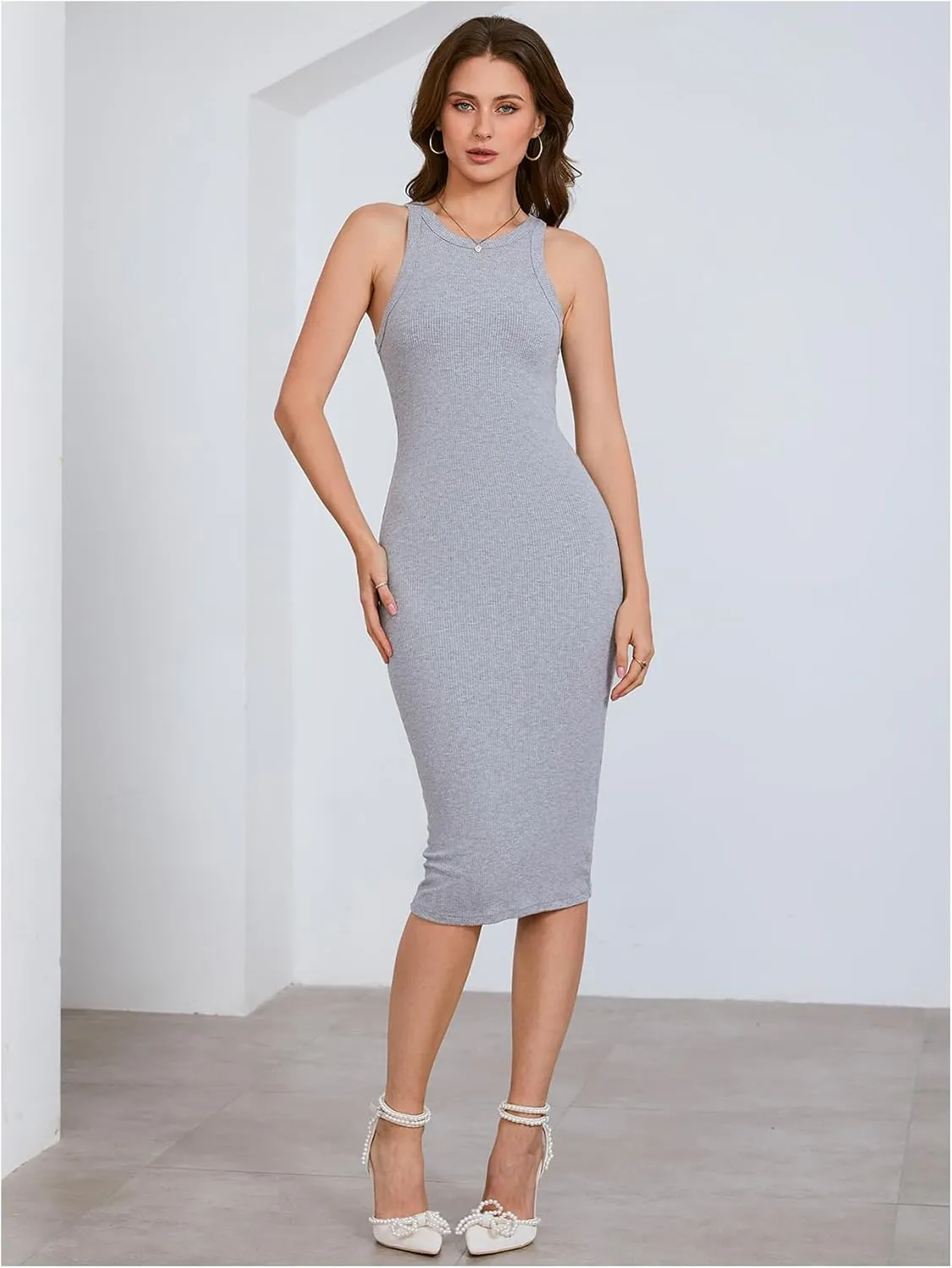 Verdusa Women's Fall Dress Sleeveless Ribbed Knit Midi Tank Dress Wedding Guest Dress Sweater Dresses