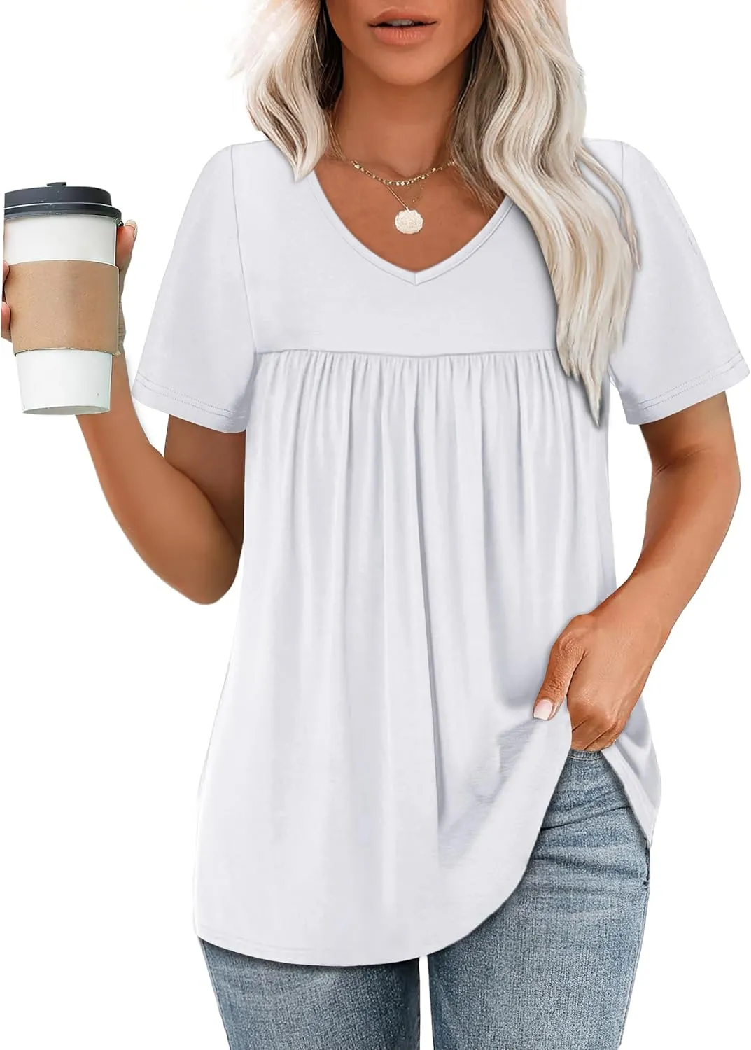 WEESO Womens T Shirts Short Sleeve Pleated Dressy Casual V Neck Summer Tops Blouses