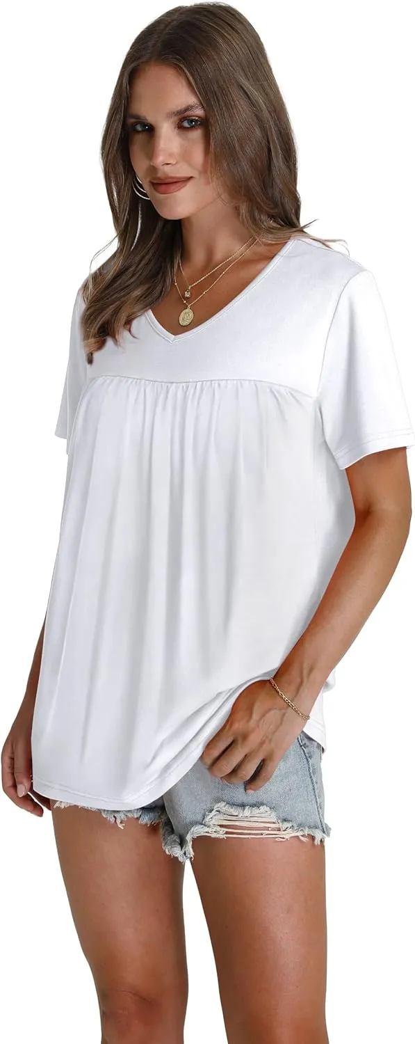 WEESO Womens T Shirts Short Sleeve Pleated Dressy Casual V Neck Summer Tops Blouses