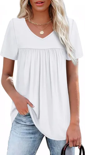 WEESO Womens T Shirts Short Sleeve Pleated Dressy Casual V Neck Summer Tops Blouses