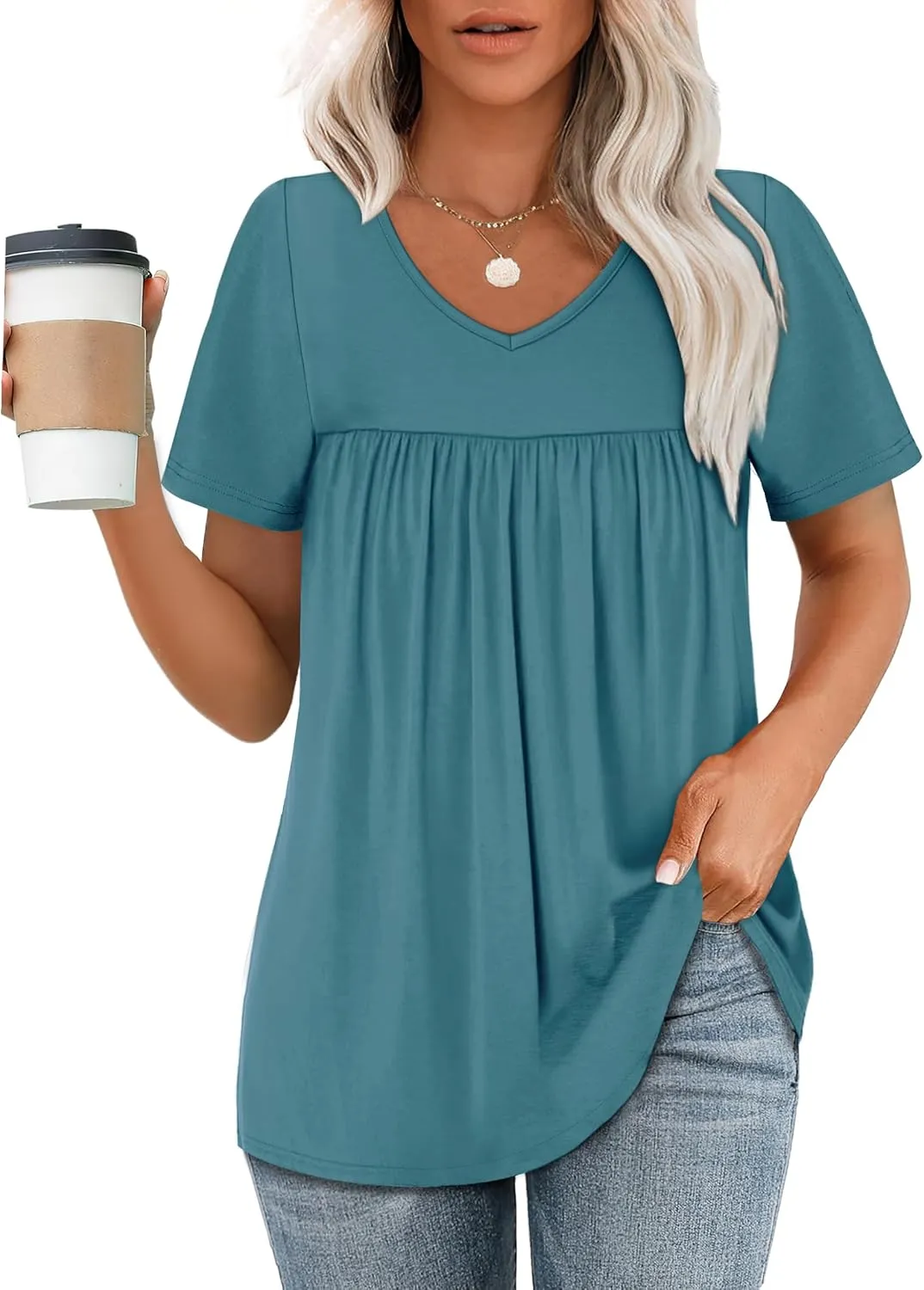WEESO Womens T Shirts Short Sleeve Pleated Dressy Casual V Neck Summer Tops Blouses