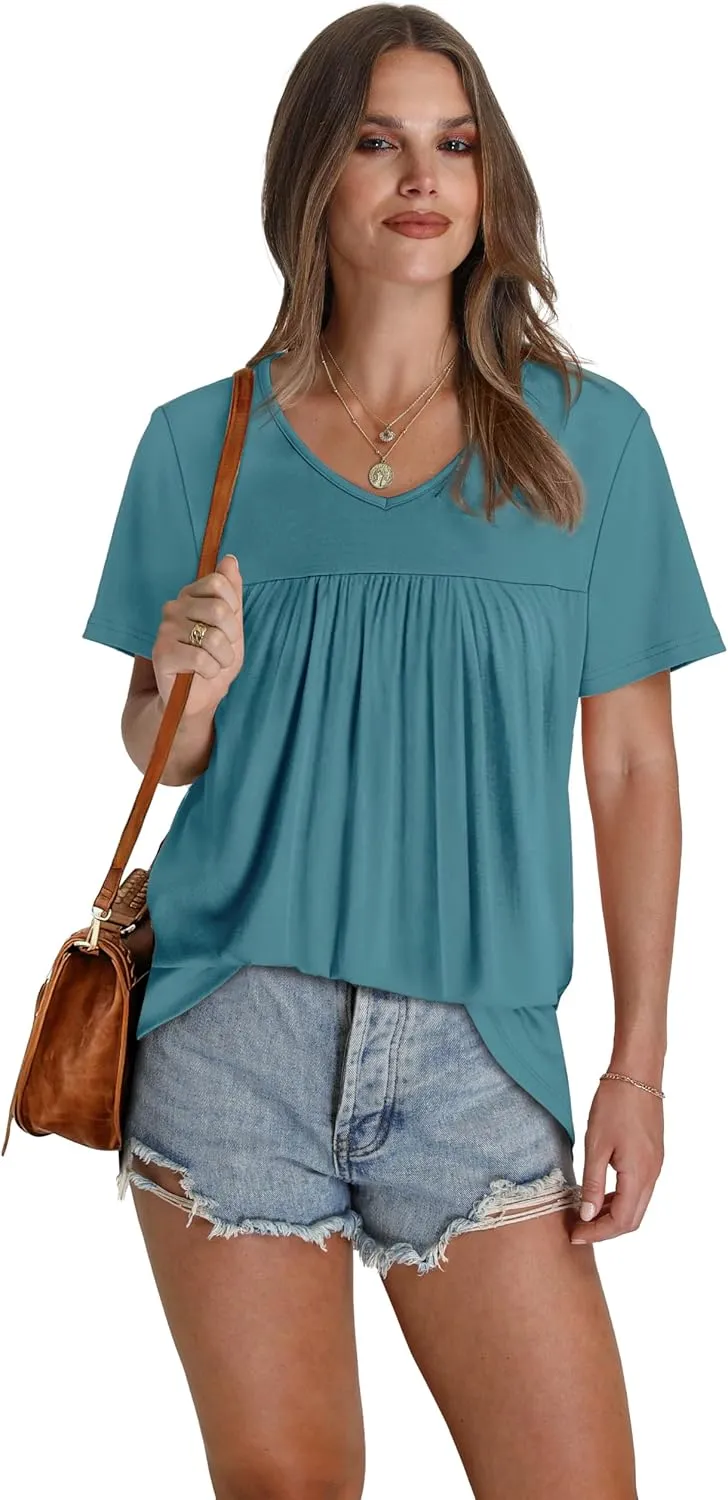 WEESO Womens T Shirts Short Sleeve Pleated Dressy Casual V Neck Summer Tops Blouses