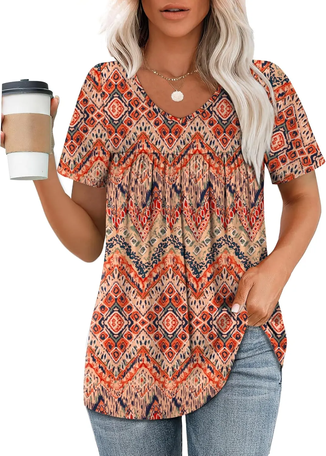 WEESO Womens T Shirts Short Sleeve Pleated Dressy Casual V Neck Summer Tops Blouses